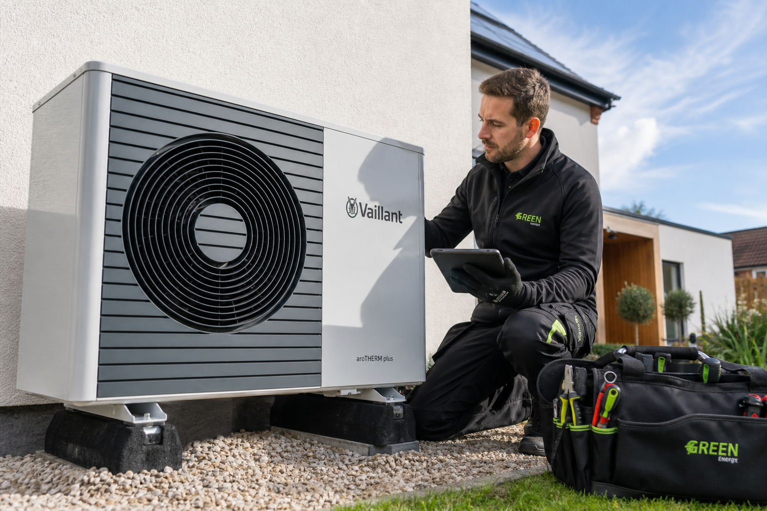 A Greenmotion engineer carrying out an annual heat pump service
