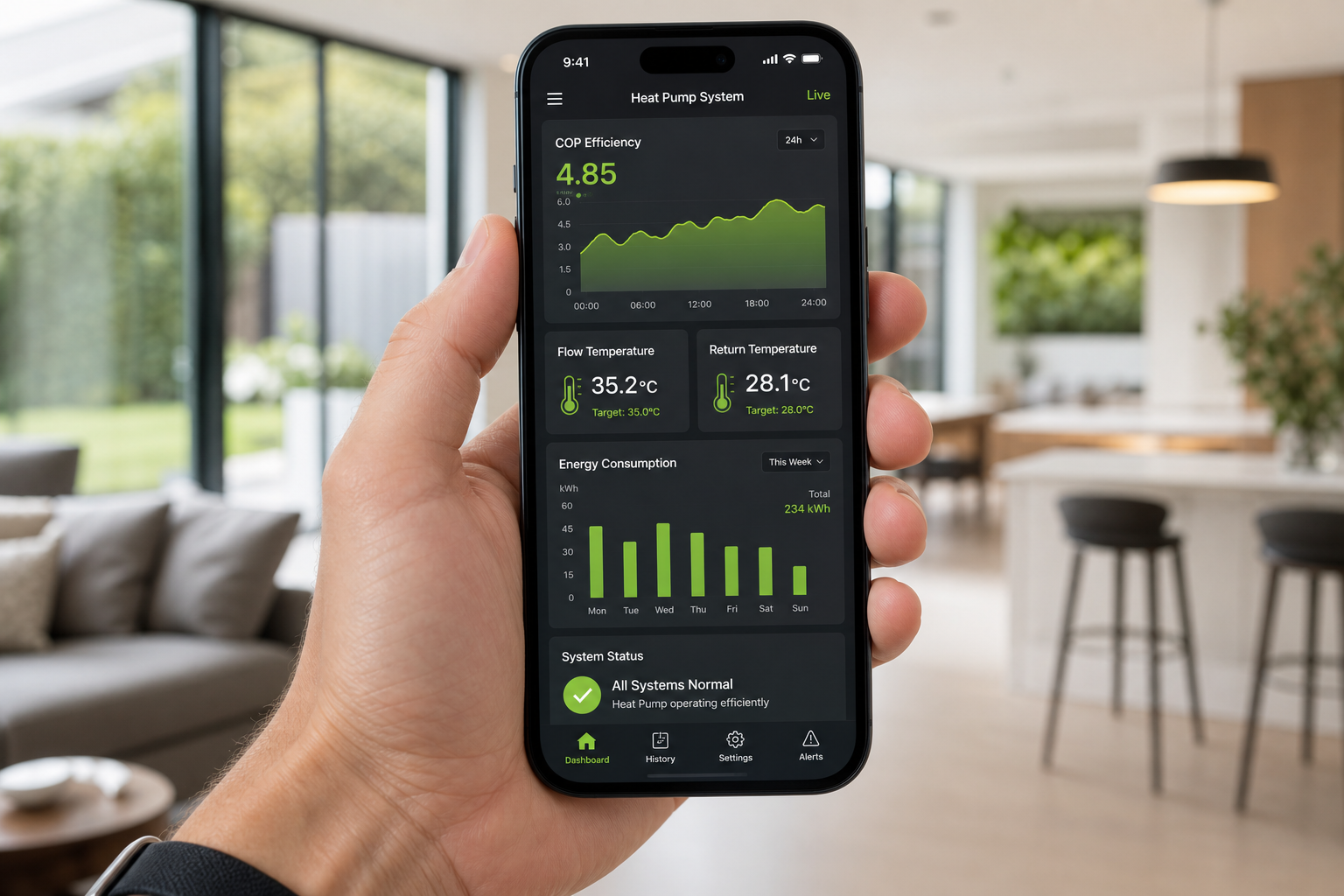 The Greenmotion app showing live heat pump performance on a smartphone