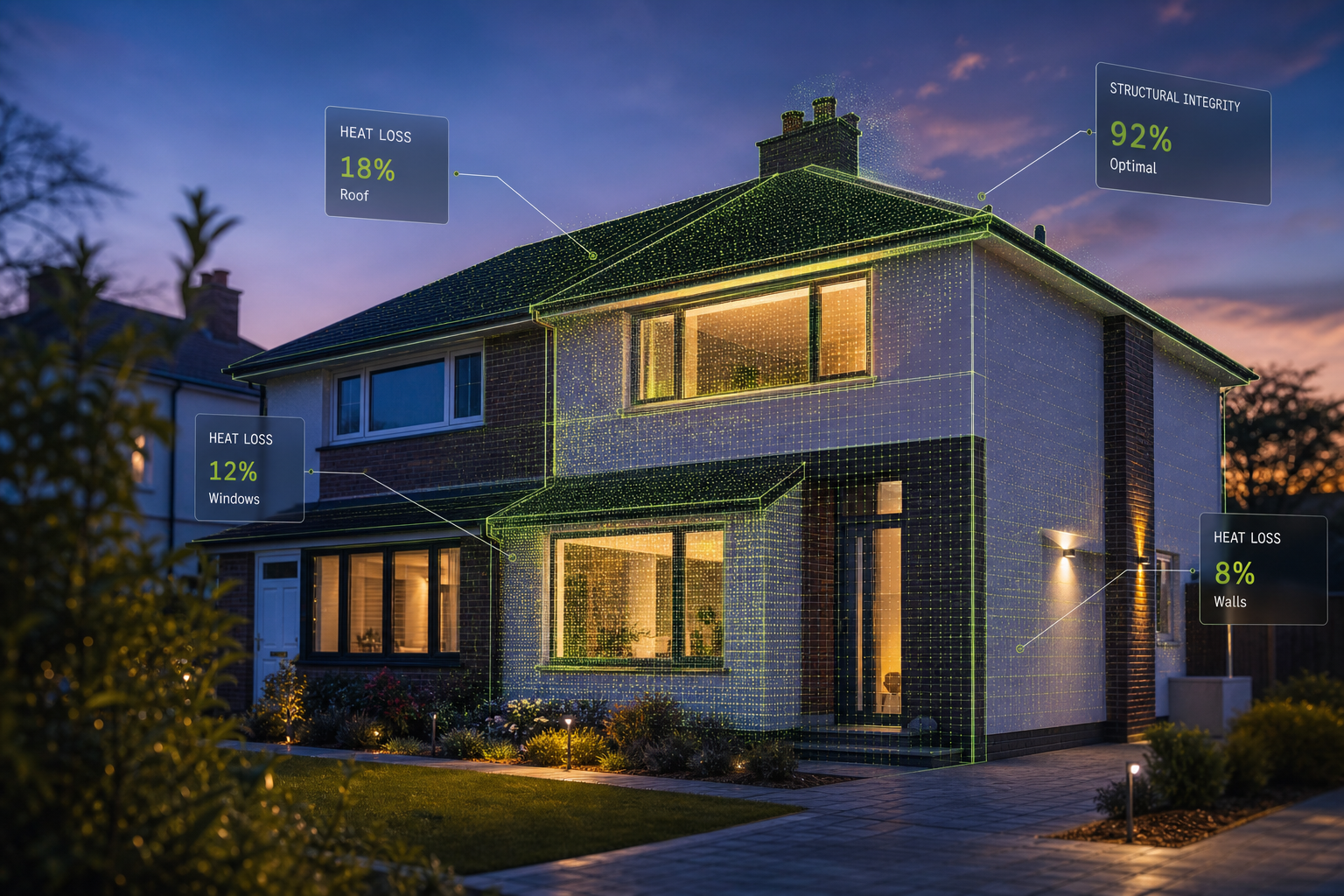 A UK home being digitally surveyed with a LiDAR heat-loss model overlay