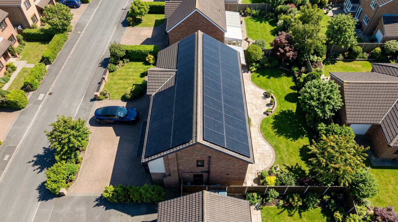 Aerial view of all-black solar panels on a UK home roof