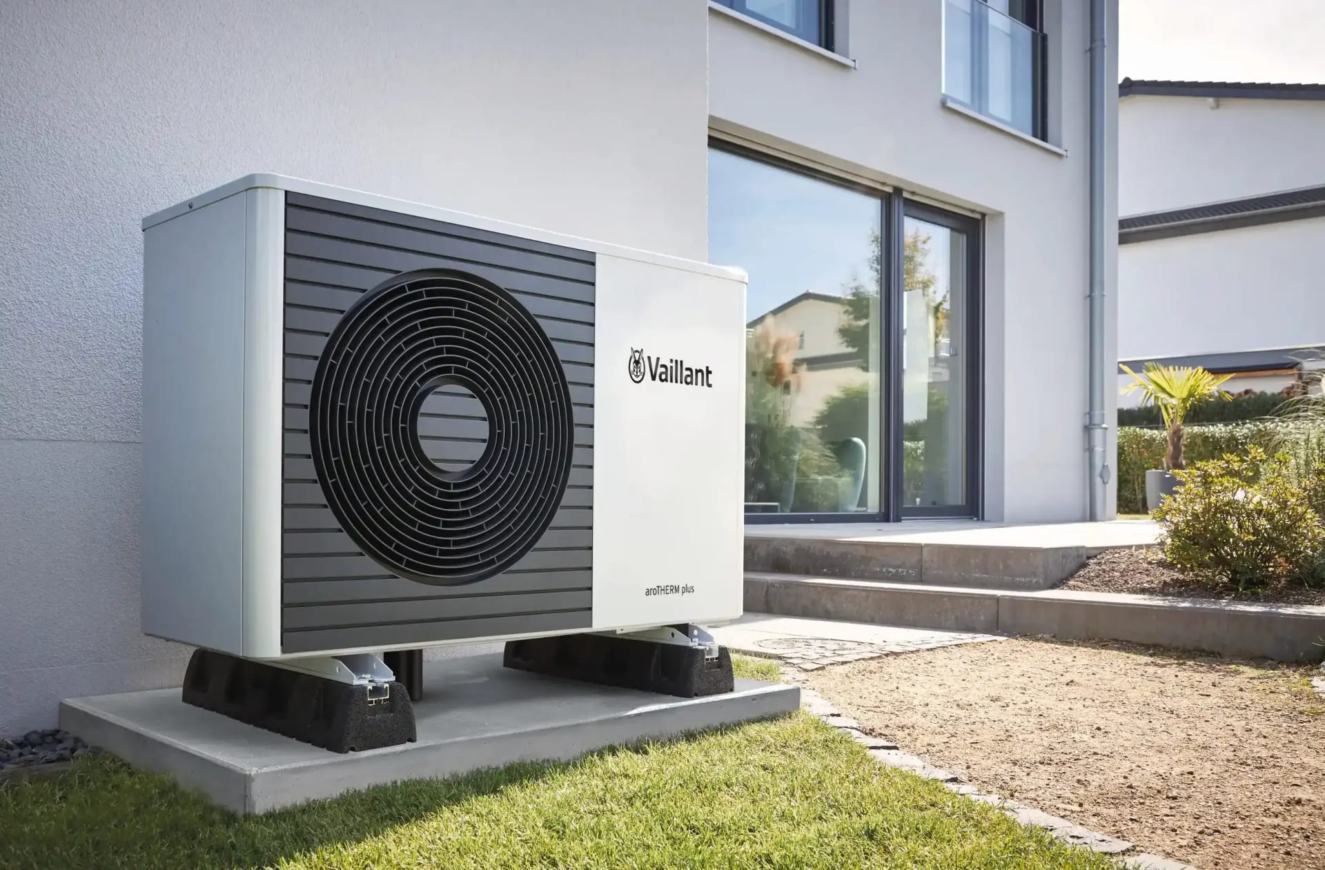 Vaillant aroTHERM plus air source heat pump installed outside a Midlands home