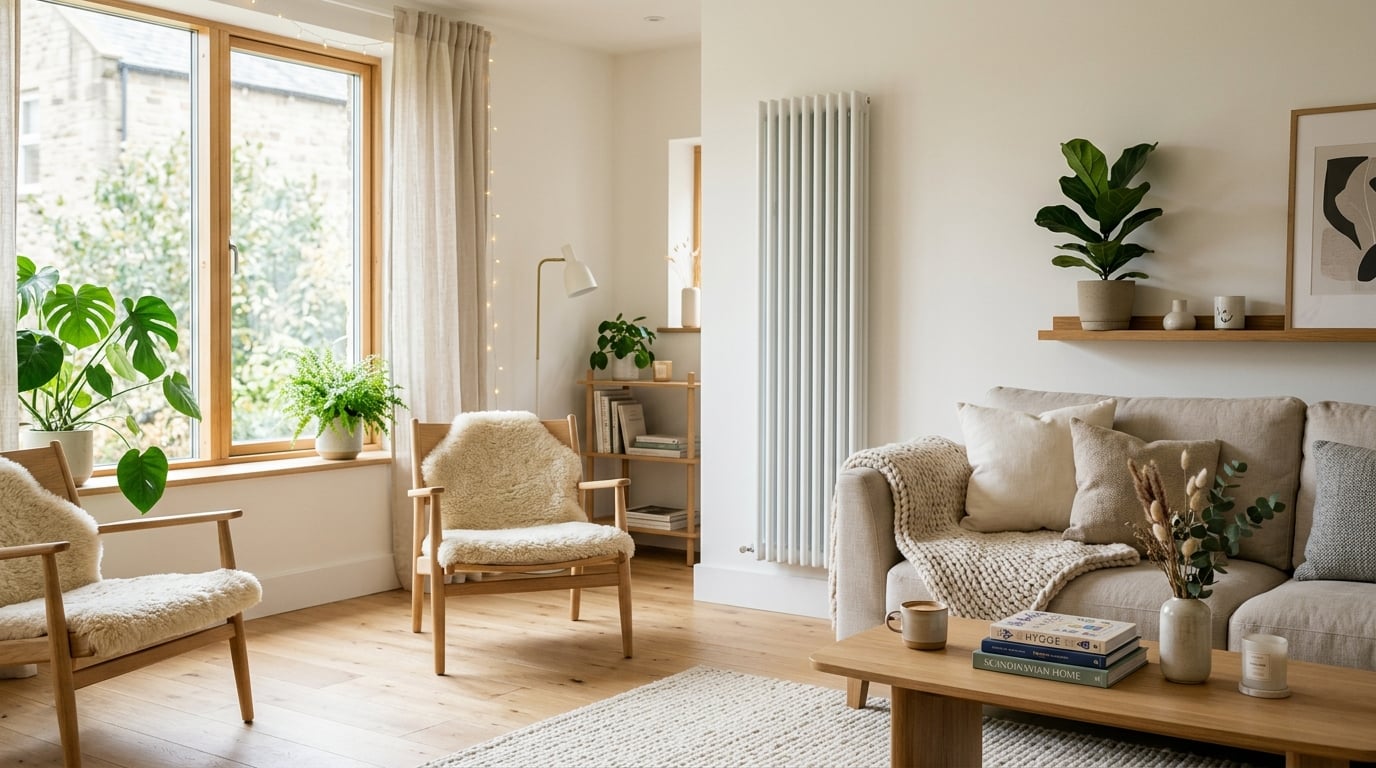 Warm, comfortable modern living room heated by a heat pump